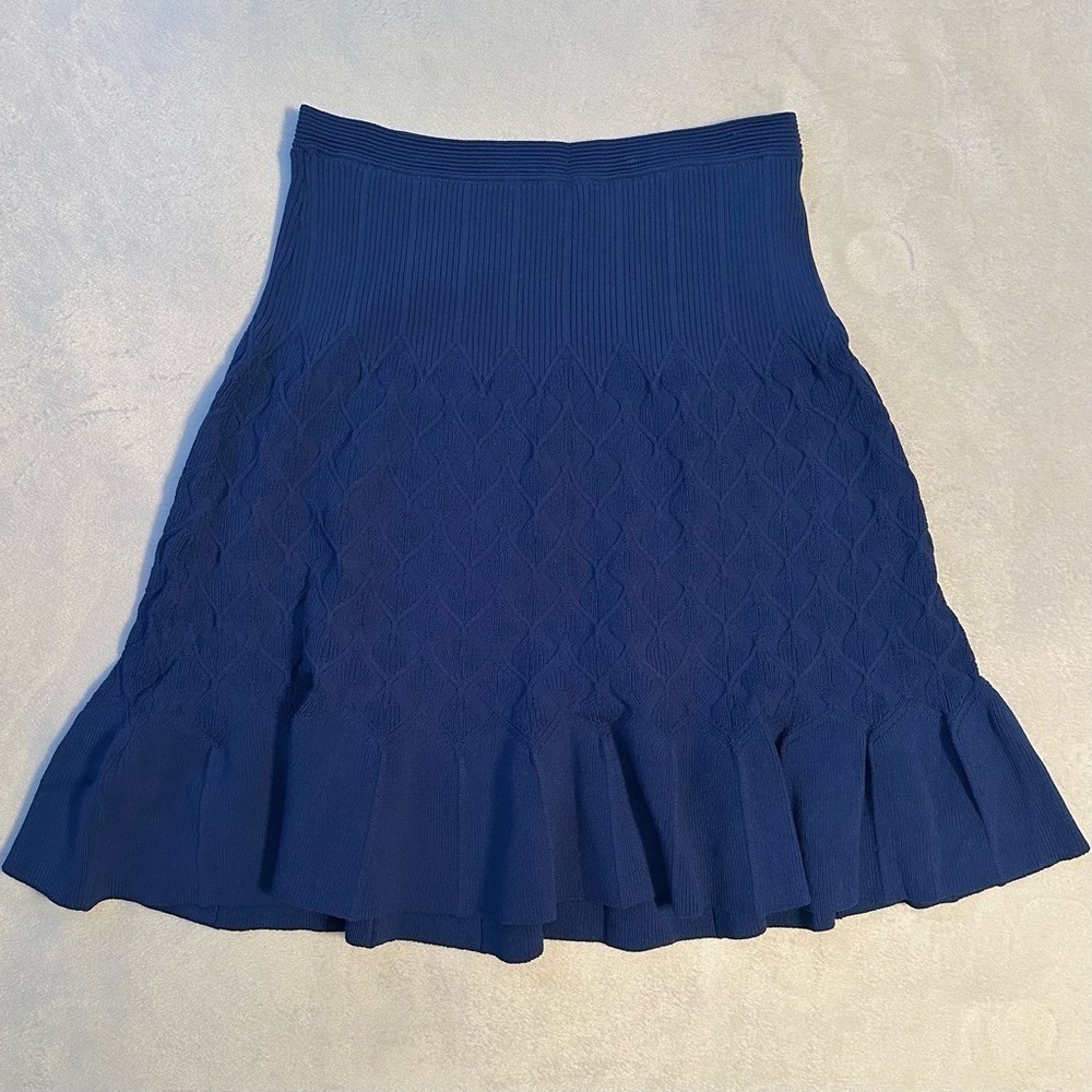 Sandro Paris Skirt Gregoria Fluted Jacquard Knit 2 Blue Ruffle Stretch Fit Flare